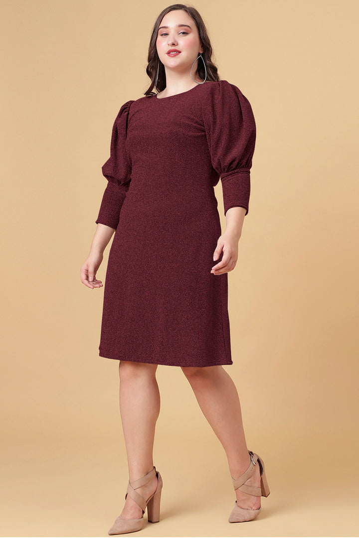 Maroon Shimmered Puff Sleeves Party Dress With Party Look