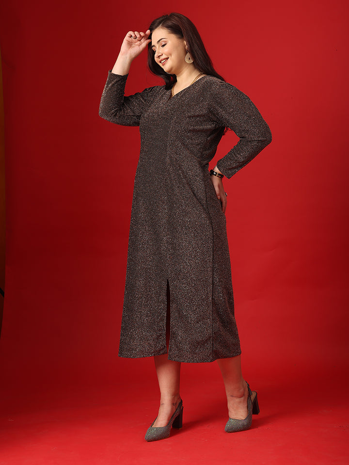 Metalic Brown Straight Cut Dress With Full Sleeve