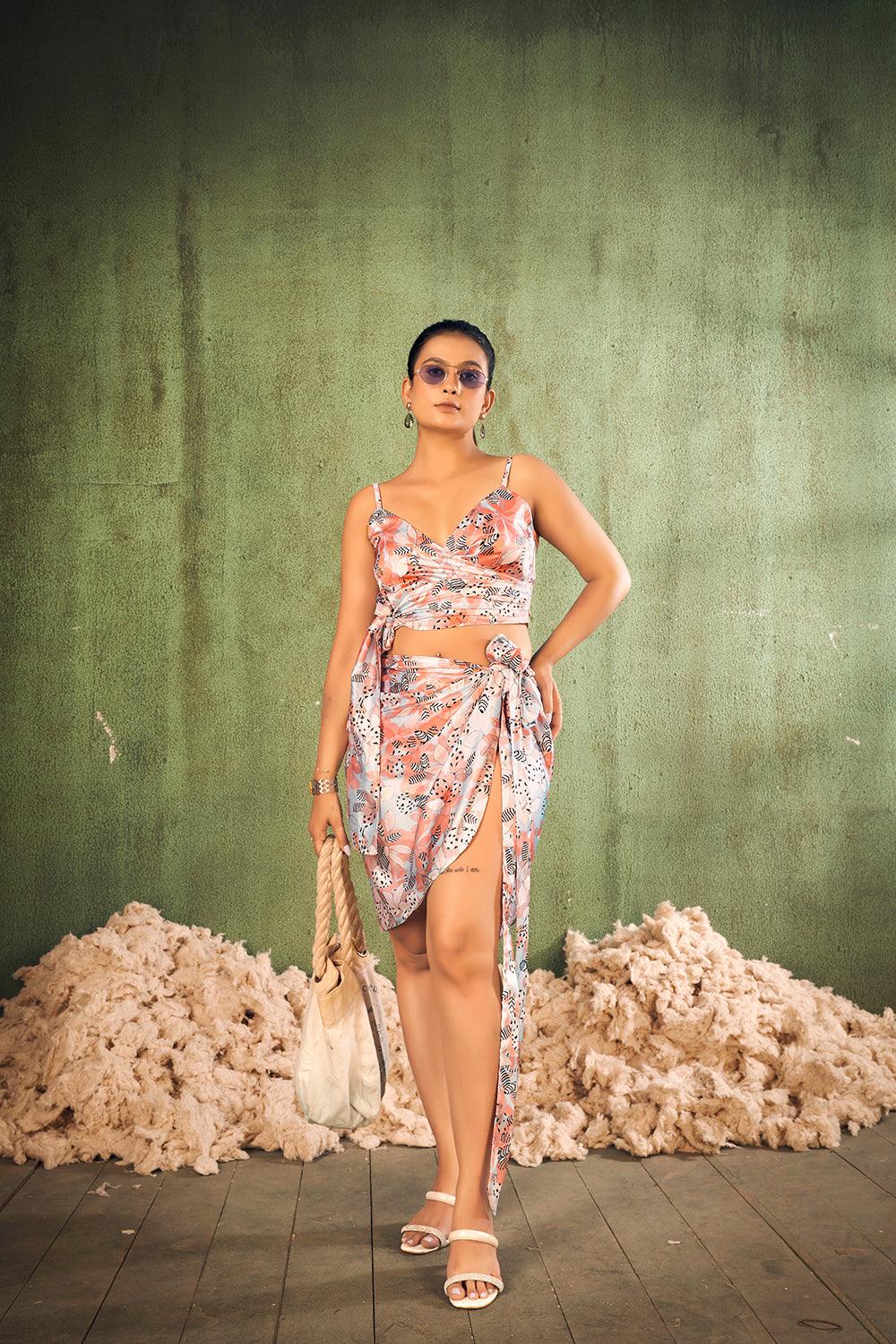 Multi Color Floral Printed Sarong Cover Up Set For Beach