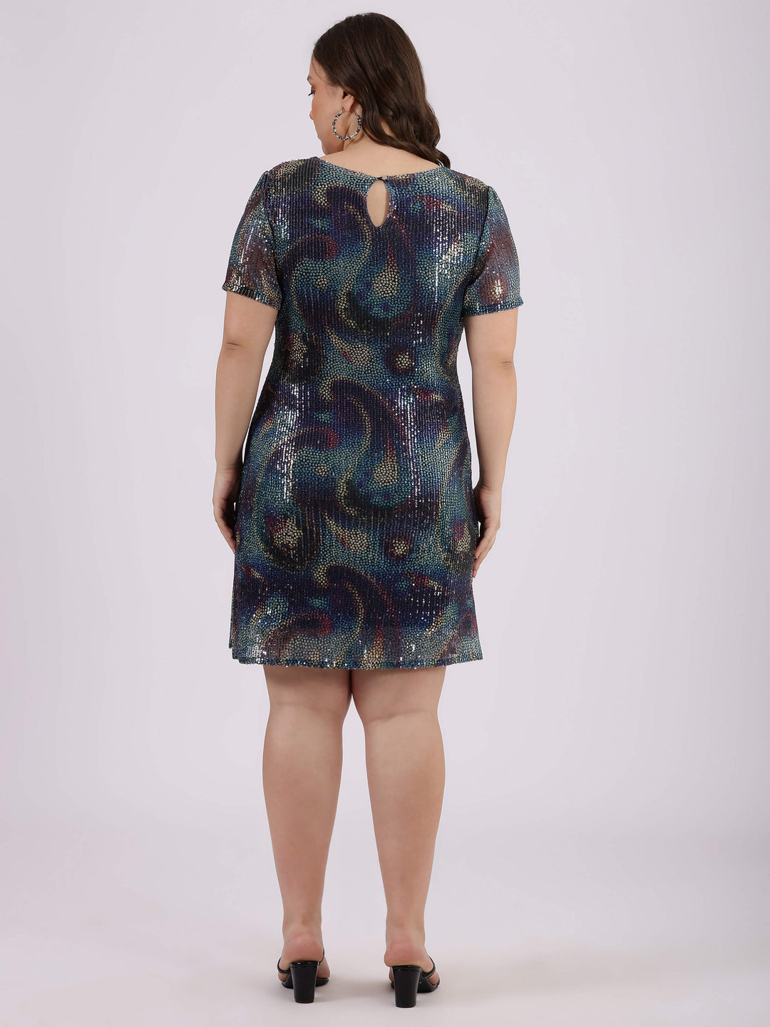 Multi Colour Sequin A Line Party Dress For Plus Size Women Back Side
