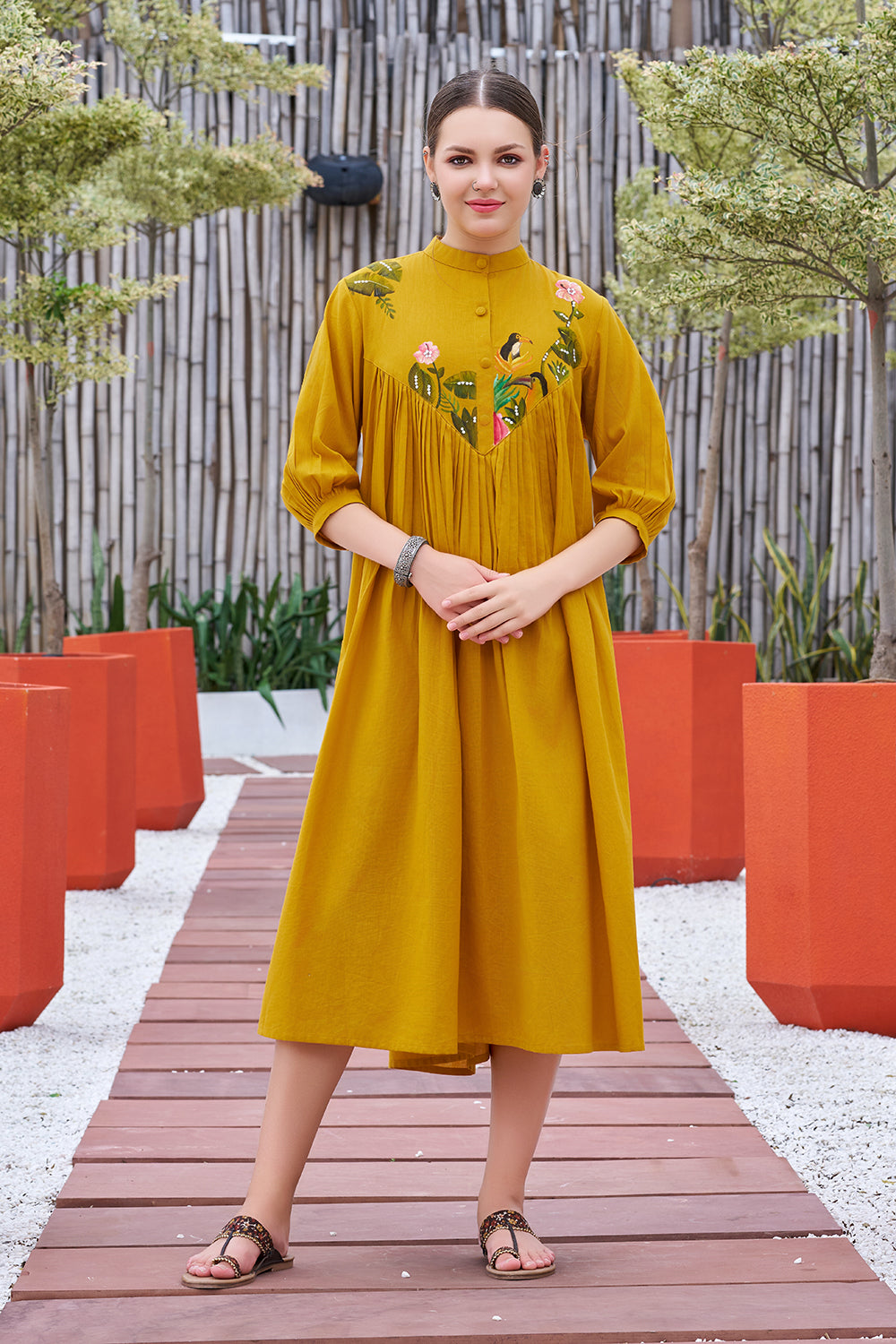 Mustard Yellow Calf-Length Dress with Handwork For Women Mustard Yellow Calf-Length Dress with Handwork For Women
