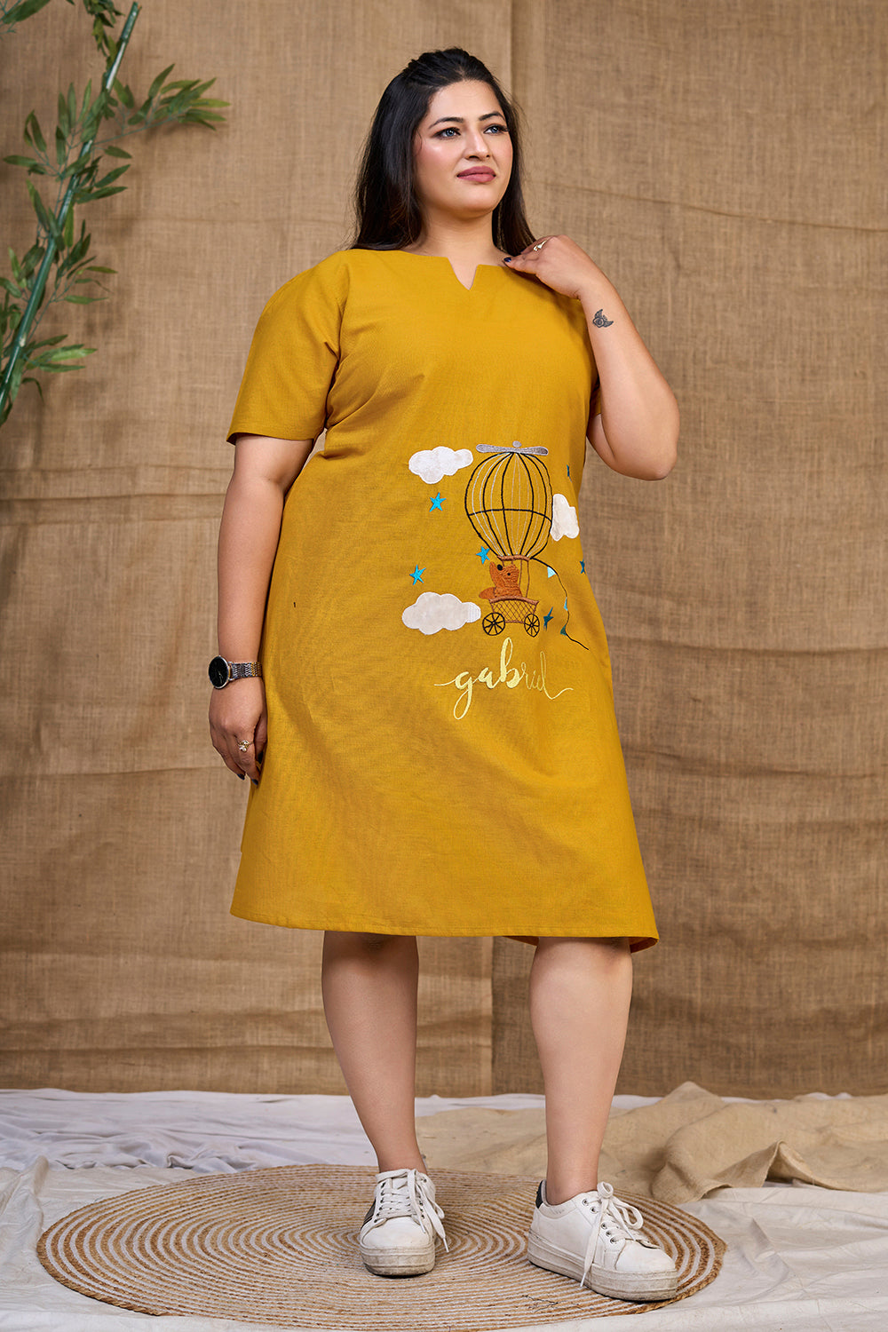 Mustard_Yellow_Casual_Cotton_V-Neck_Dress