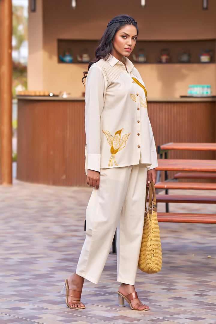 Natural Cotton Off-white Resort Wear Co-ords With Embroidery Work