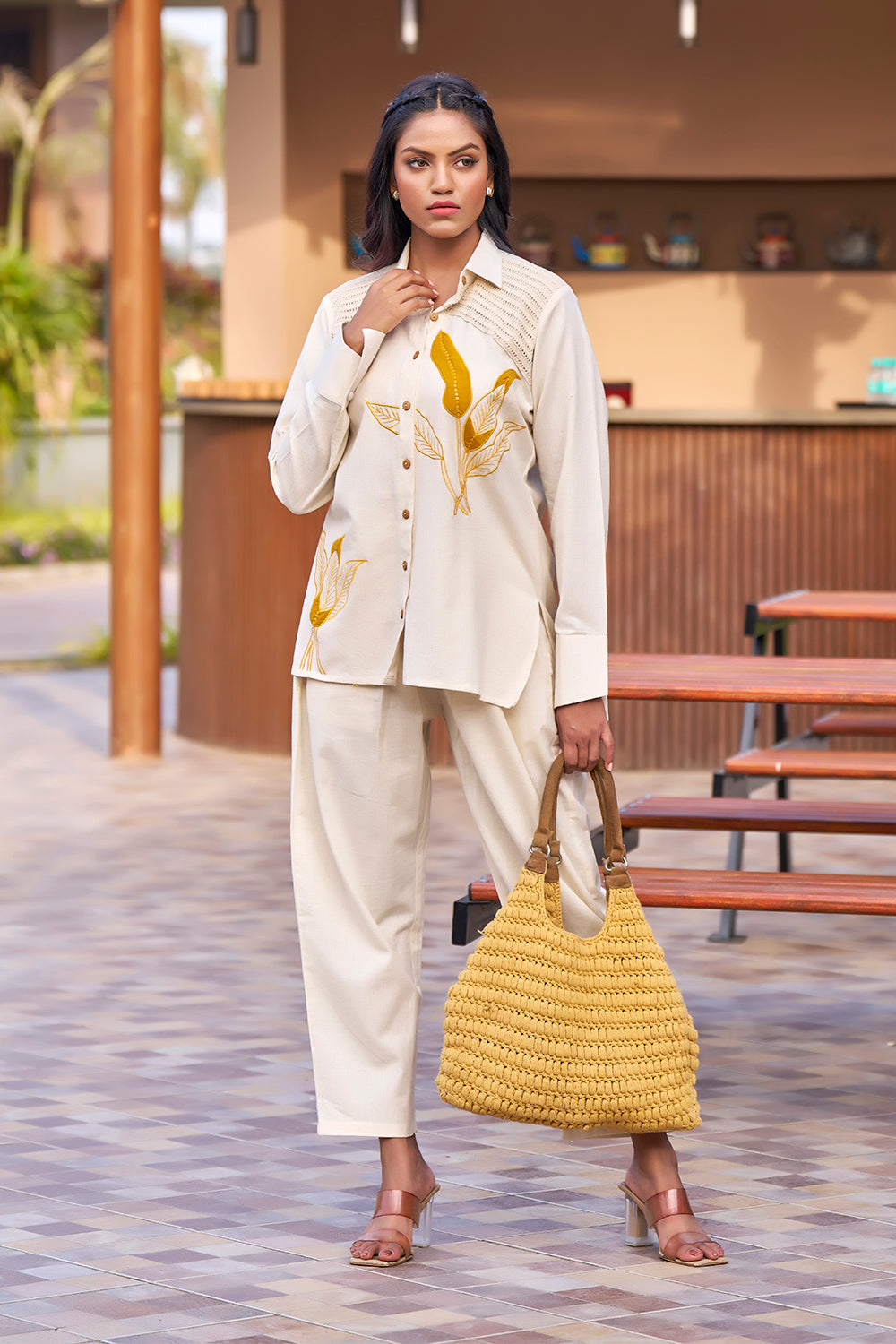 Natural Cotton Off-white Resort Wear Co-ords With Embroidery Work For Plus Size