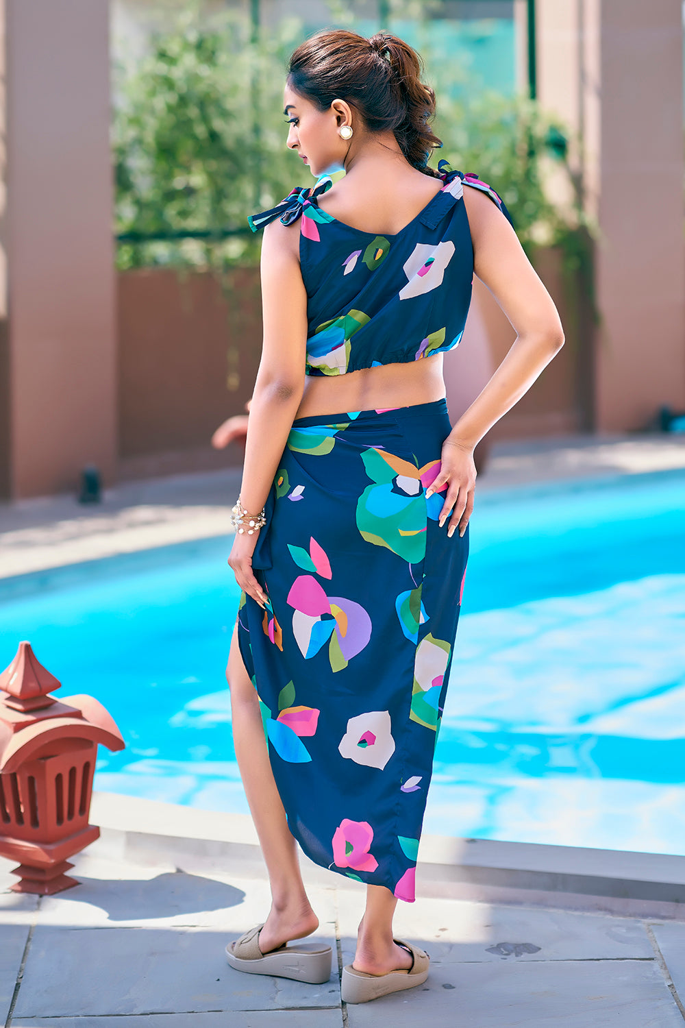 Navy blue beach wrap dress with floral tie-up sarong and top