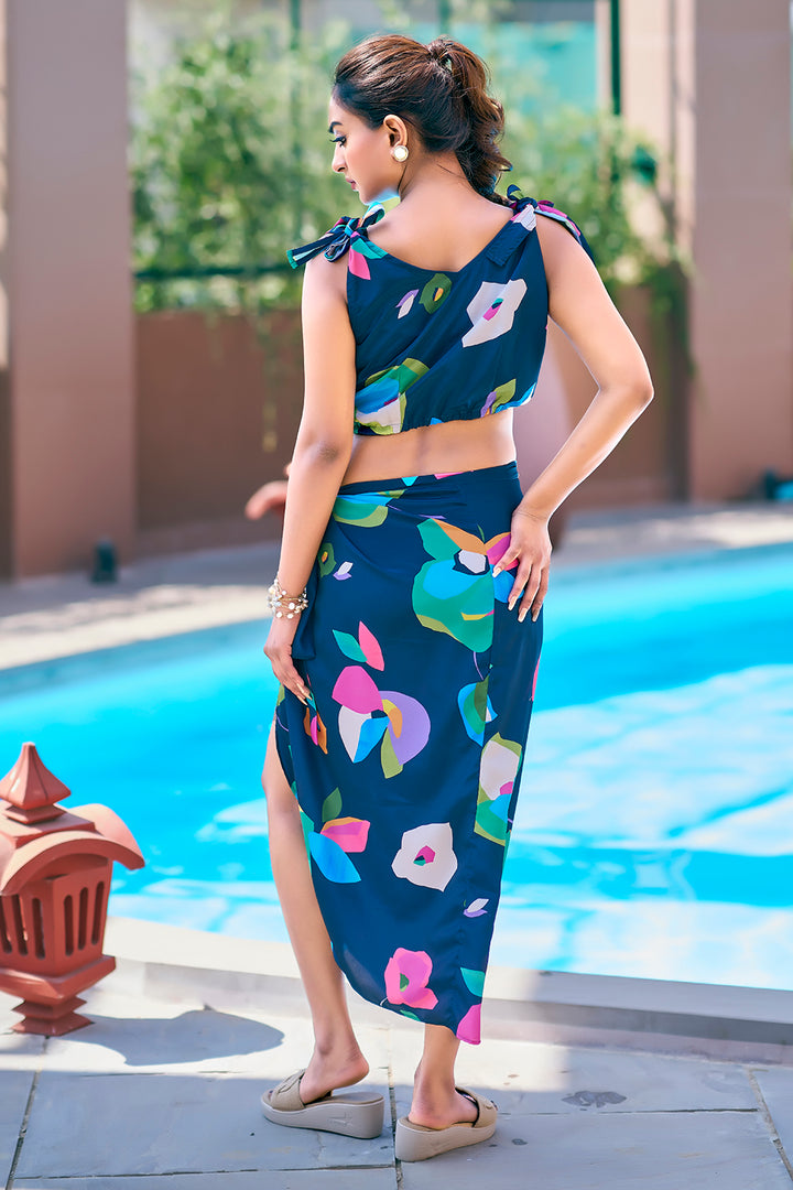 Navy blue beach wrap dress with floral tie-up sarong and top