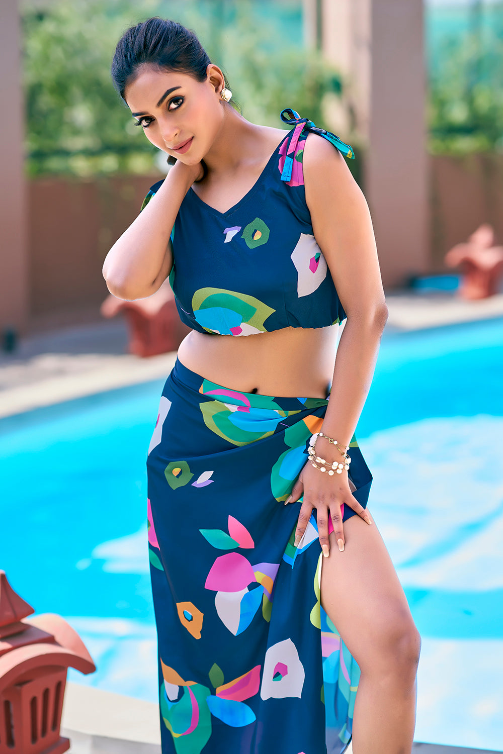 Navy blue beach wrap dress with floral tie-up sarong and top