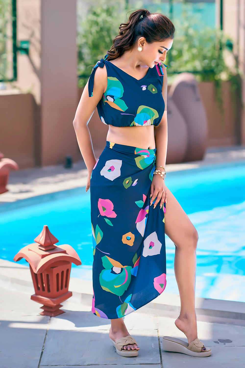 Navy blue beach wrap dress with floral tie-up sarong and top