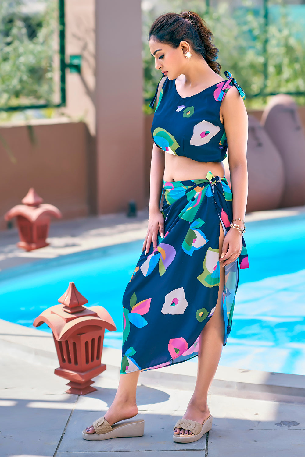 Navy blue beach wrap dress with floral tie-up sarong and top