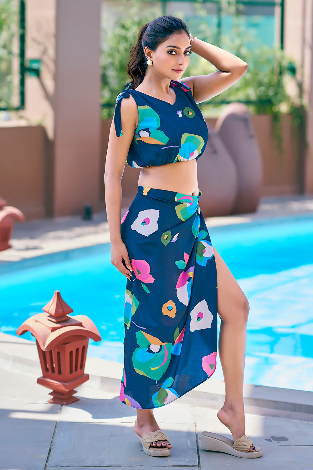 Navy blue beach wrap dress with floral tie-up sarong and top