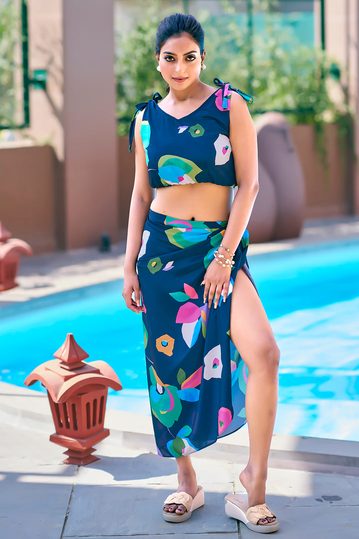 Navy blue beach wrap dress with floral tie-up sarong and top