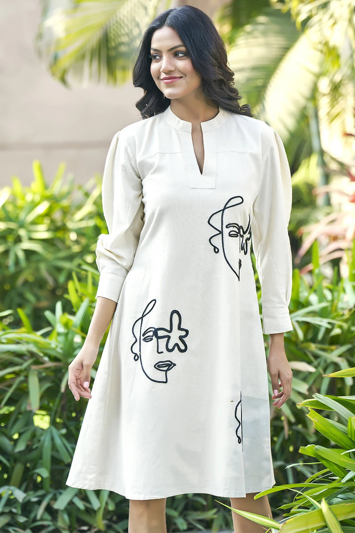 Off-white casual resort wear dress with embroidery work for women