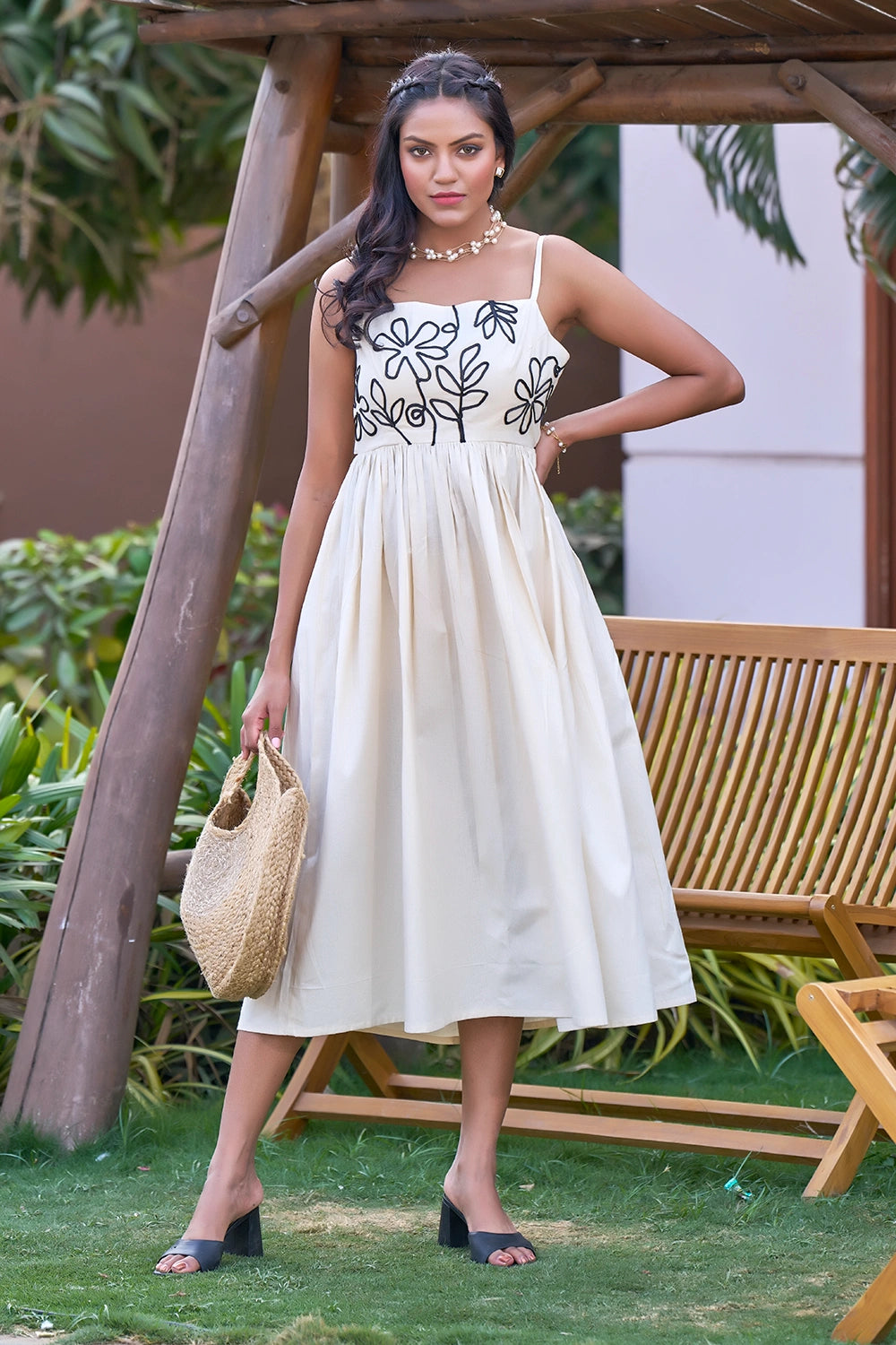 Casual Resort Wear Dress With Black Embroidery Work For Women