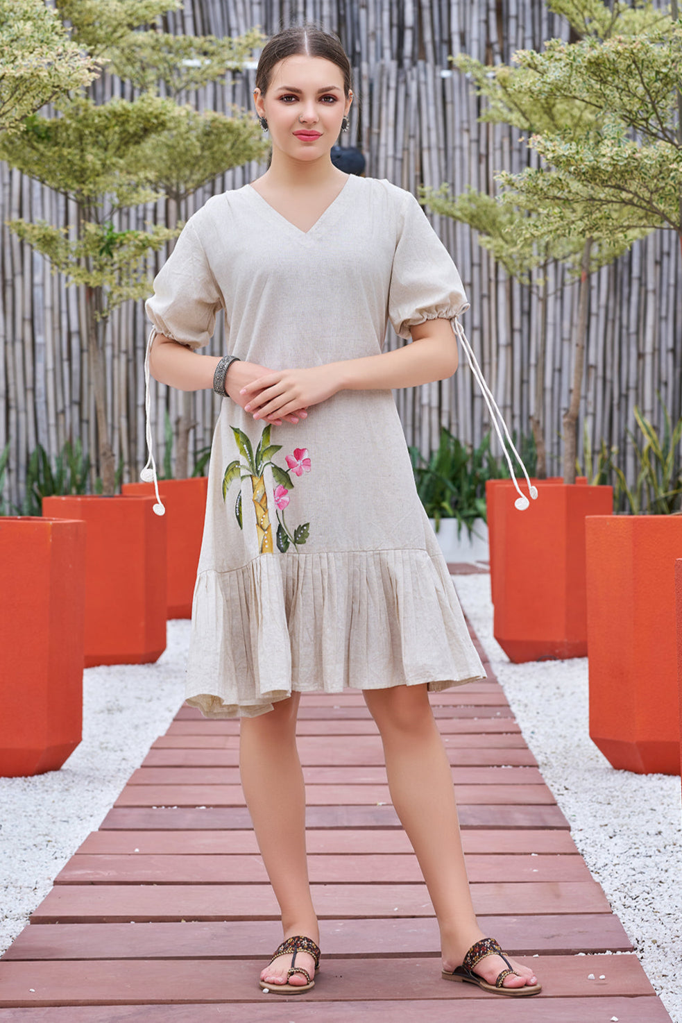 Off White Hand painted Cotton Flared Dress