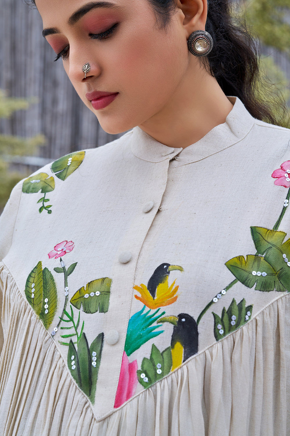 Off-white Casual Wear Hand-painted Dress With Stand Collar