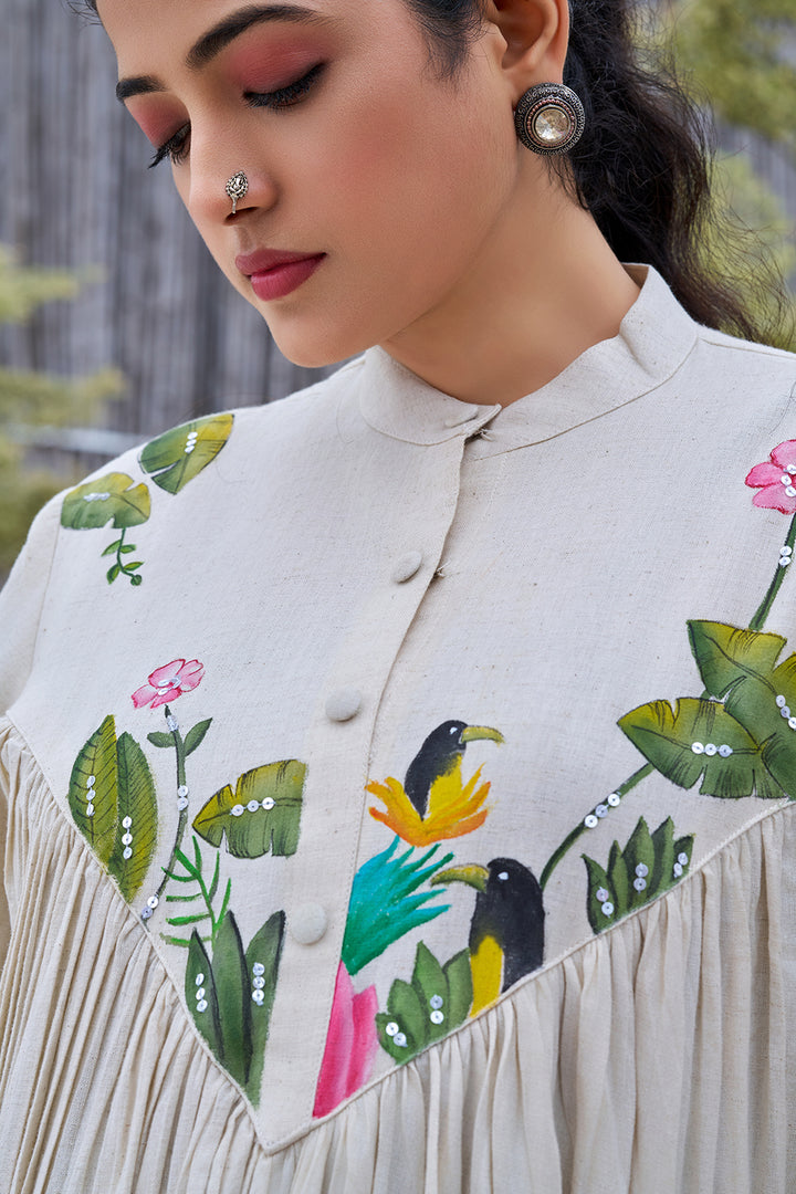 Off-white Casual Wear Hand-painted Dress With Stand Collar