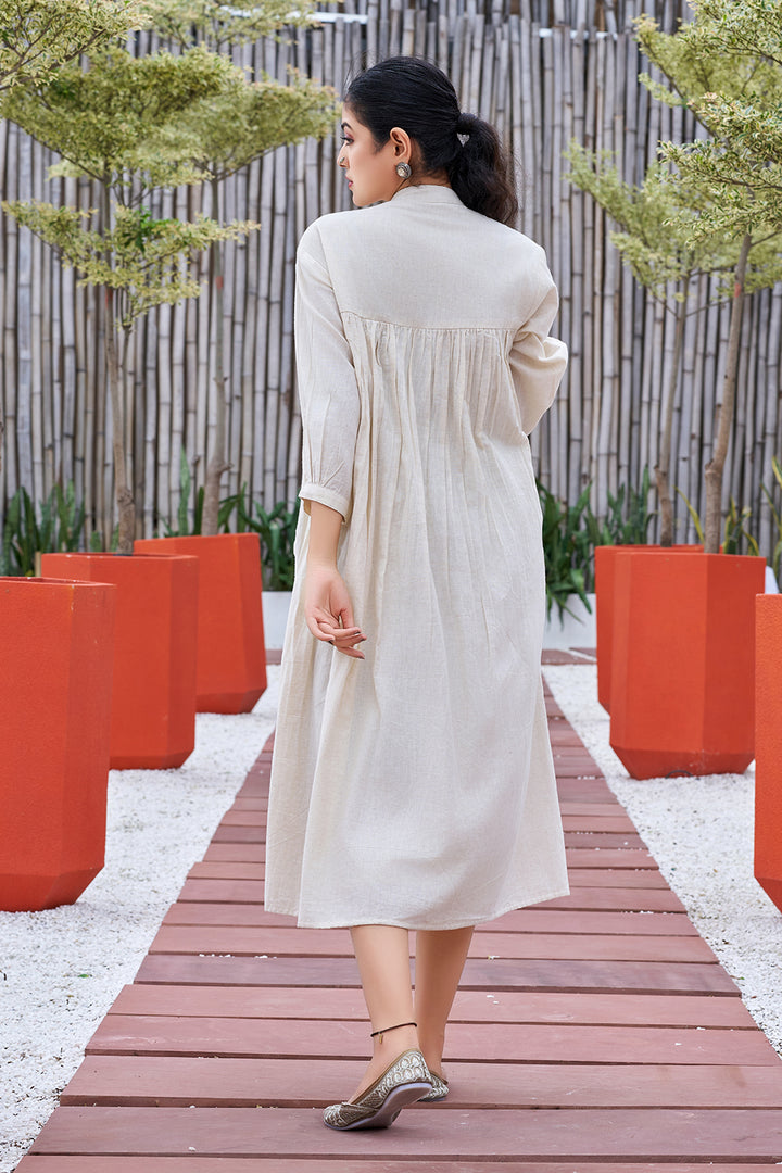 Off-white Casual Wear Hand-painted Dress With Stand Collar