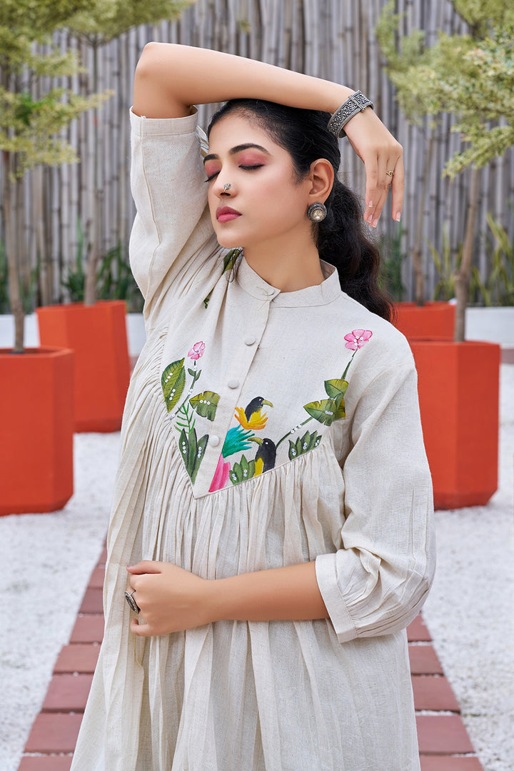 Off-white Casual Wear Hand-painted Dress With Stand Collar