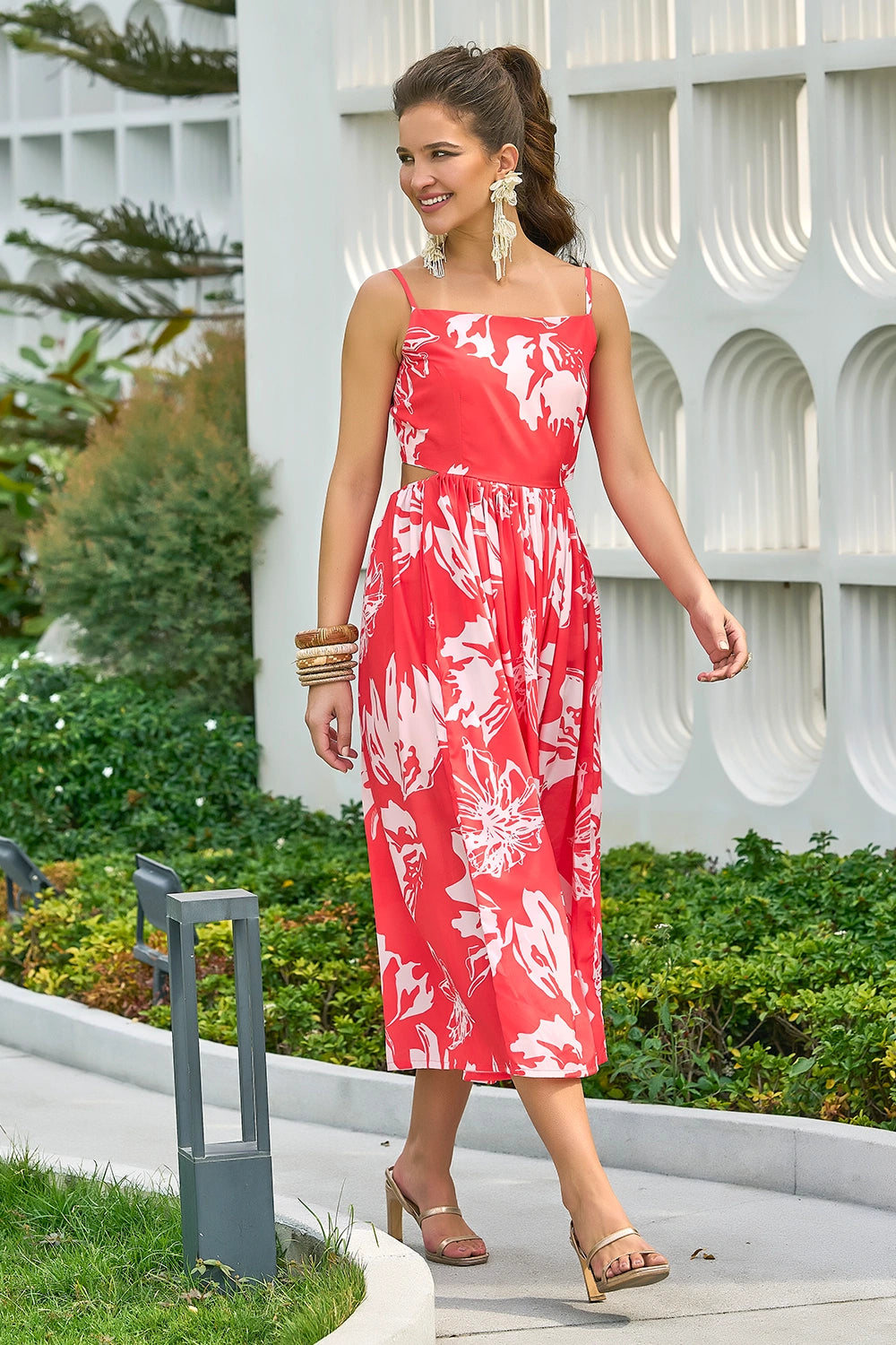 Orange Color Long Floral Casual Resort Wear Dress For Women