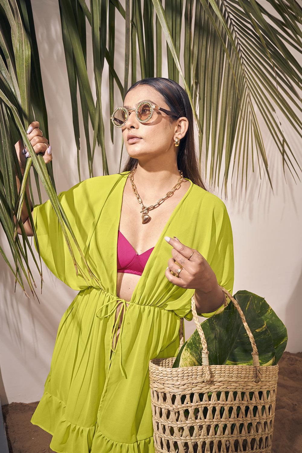 Parrot Green Beachwear Kaftan Georgette For Plus Size