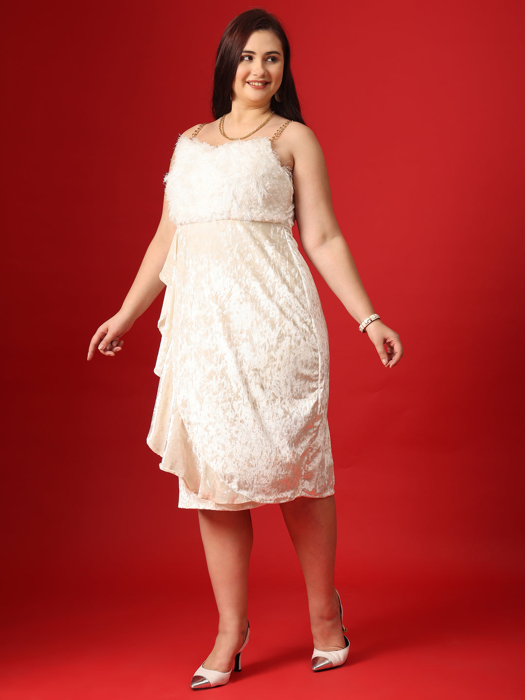 Pearl White Velvet Bodycon Dress For Plus SIze Women