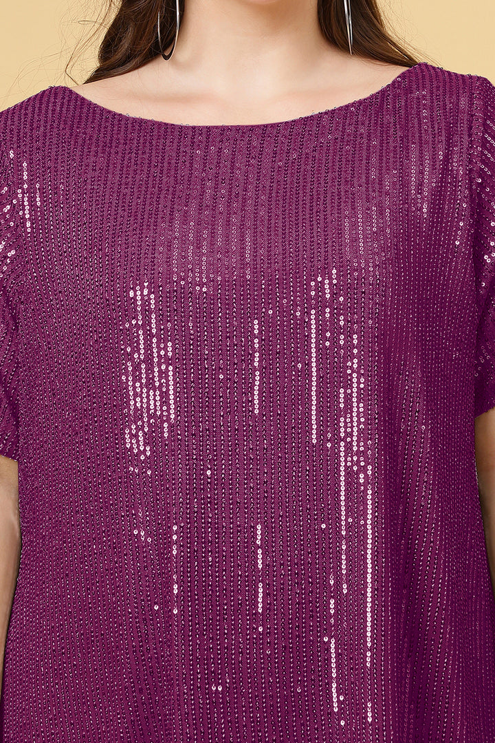Pink Color Boat Neck Shine Sequins Dress with Slit Sleeves