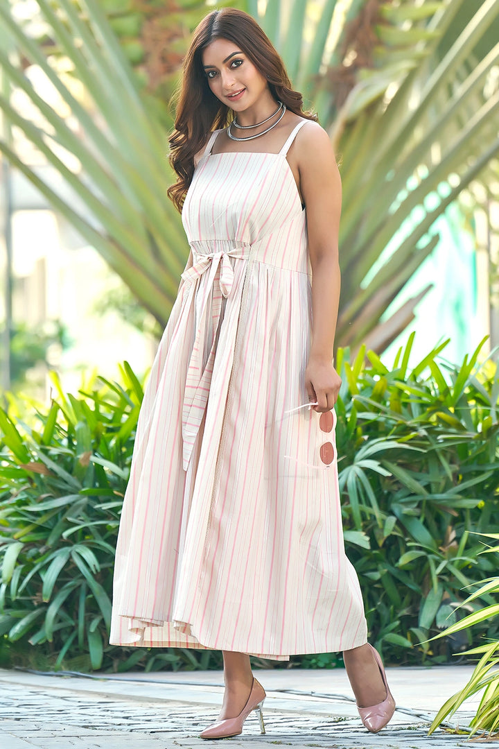 Pink Cotton Casual Resort Wear Tie-up Dress For Plus Size Women