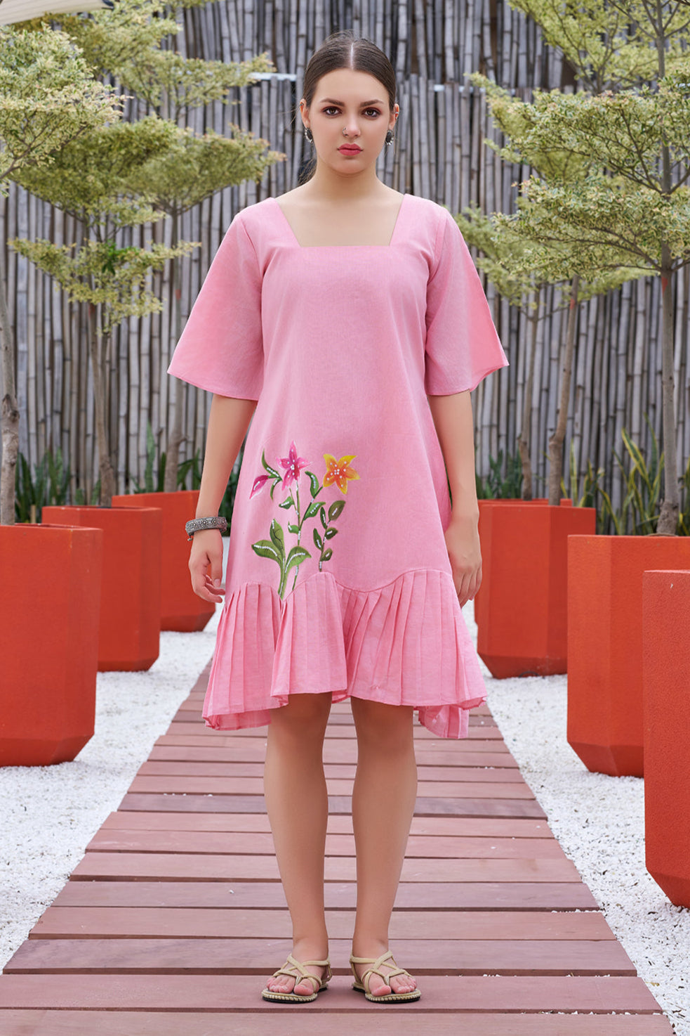 Pink Hand-Painted Square Neck Cotton Dress | CurvyLane