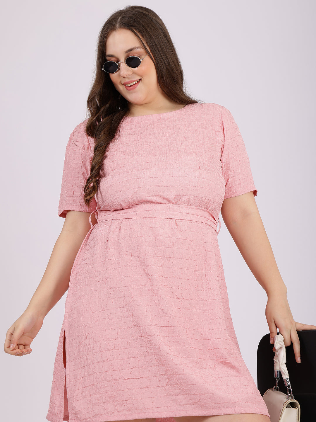 Pink Self-Texture A-Line Dress
