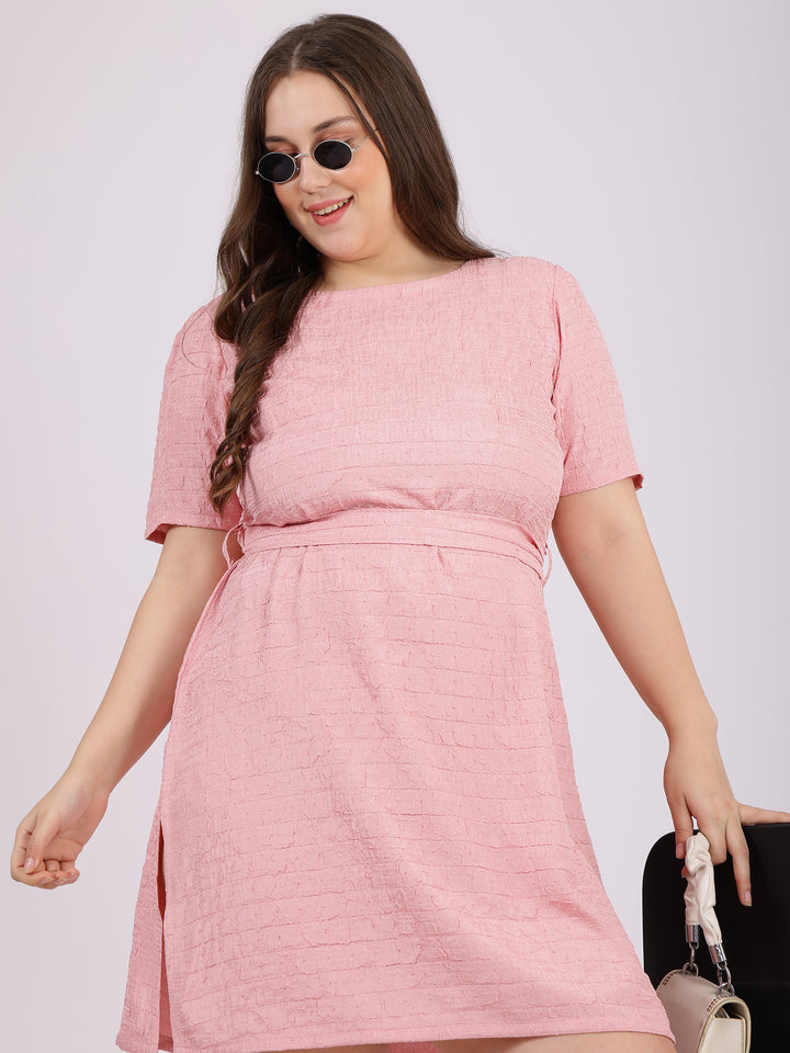 Pink Self-Texture A-Line Dress