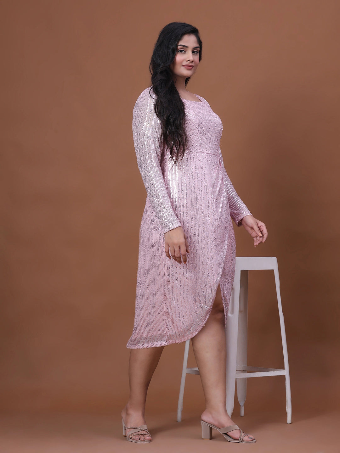 Pink Sequin Plus Size Party Wear Dress For Women