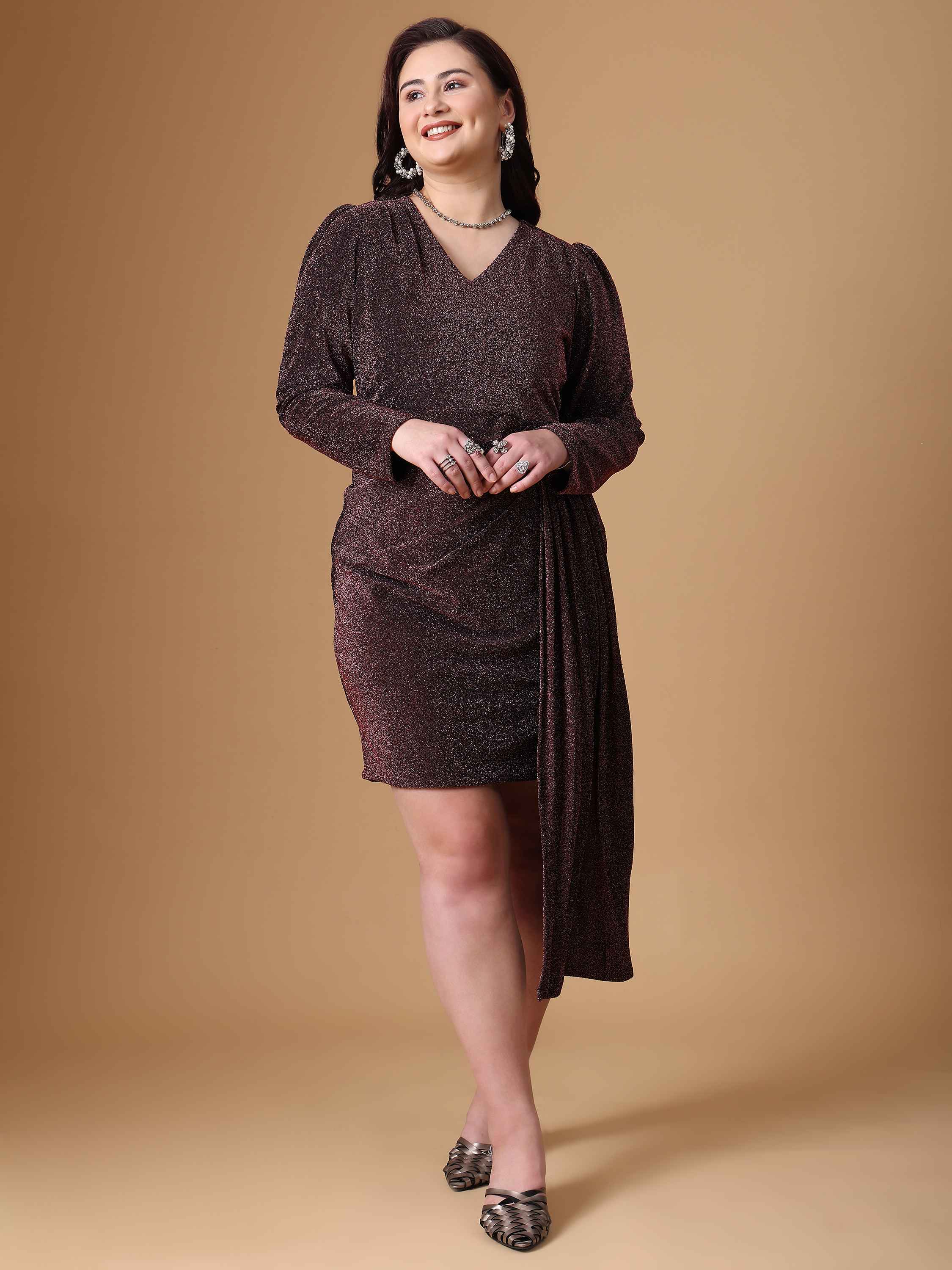 Pink Wine V-Neck Bodycon Dress - Metallic, Plus Size Women Pink Wine V-Neck Bodycon Dress - Metallic, Plus Size Women