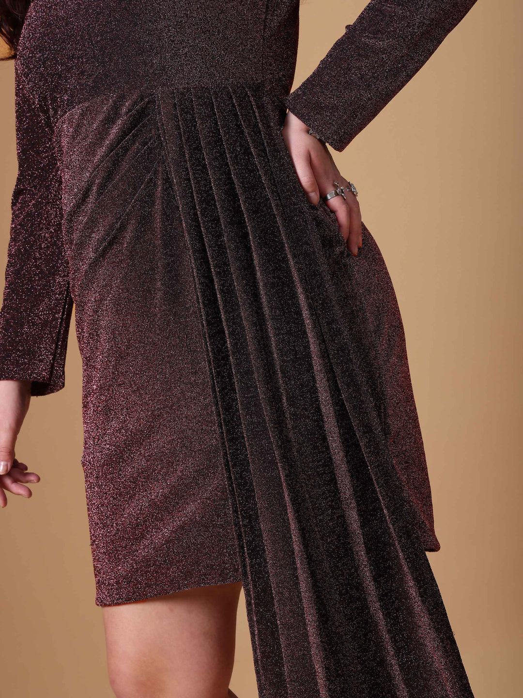 Pink Wine V-Neck Bodycon Dress With Asymmetric Design