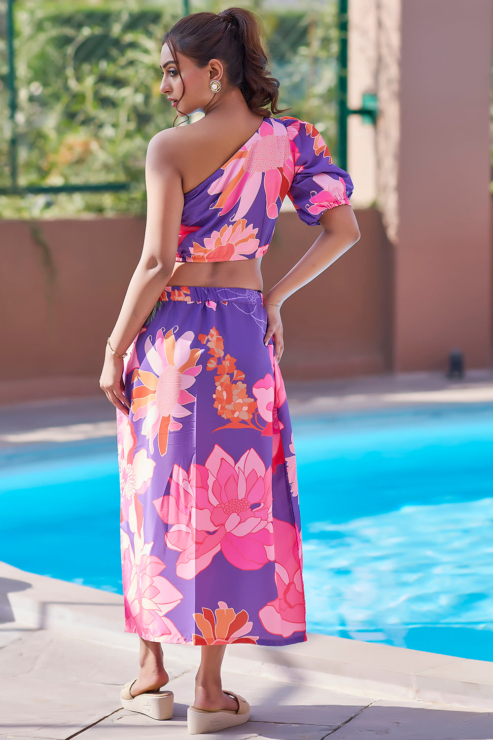 Tropical co-ord purple swimwear sarong with one-shoulder top