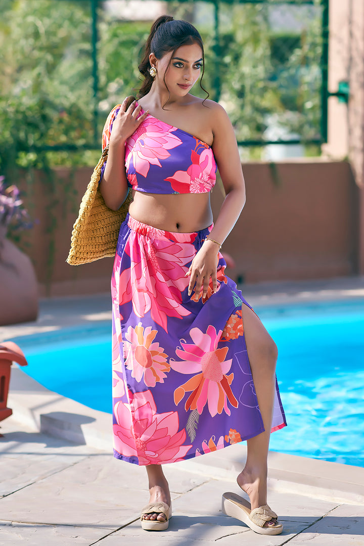 Tropical co-ord purple swimwear sarong with one-shoulder top