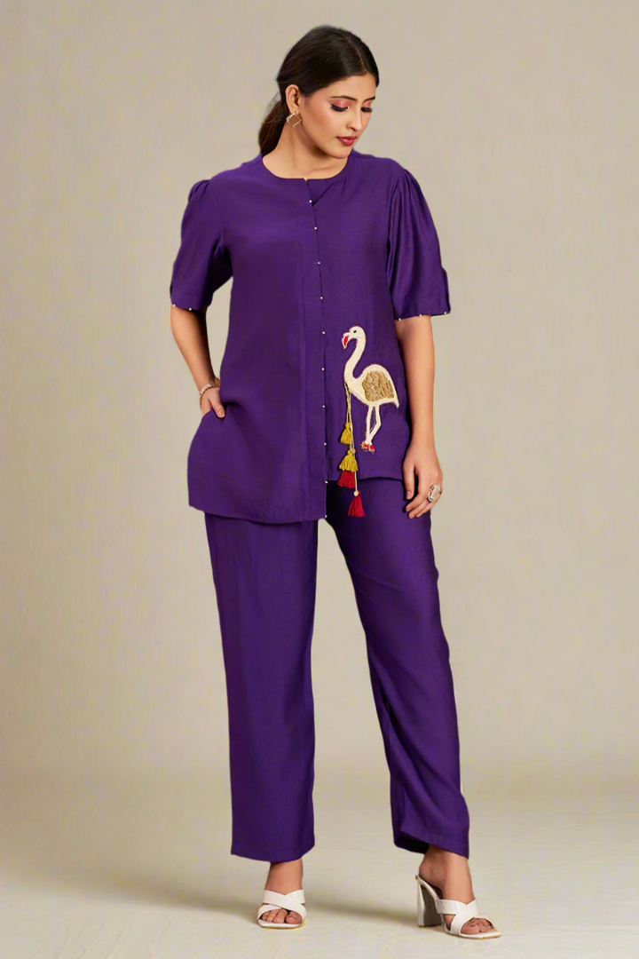 Purple Silk Cotton Solid Asymmetric Co-Ord Set