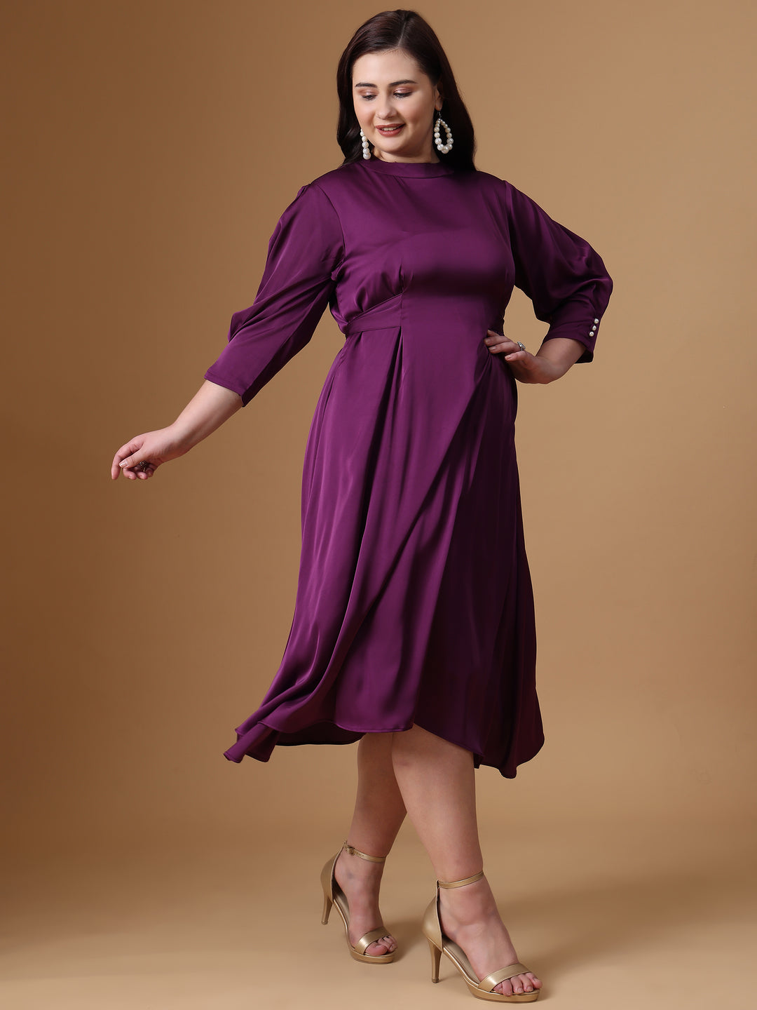 Purple Velvet Satin Flared Dress With Full Sleeves