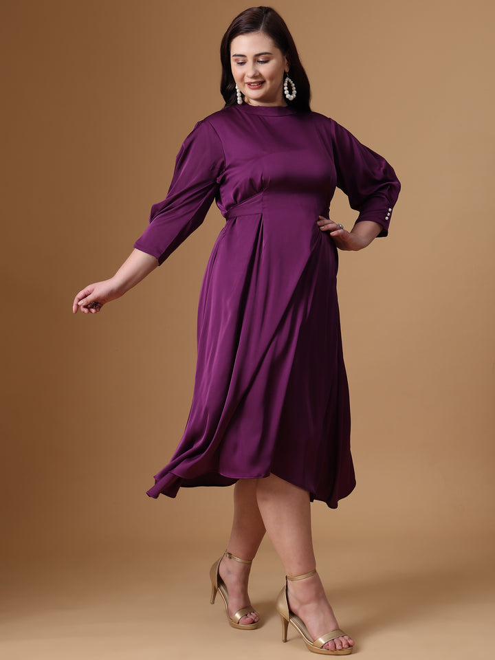 Purple Velvet Satin Flared Dress With Full Sleeves