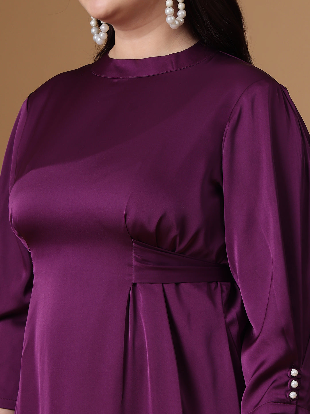 Purple Velvet Satin Flared Dress With Pleated Design Close up Look