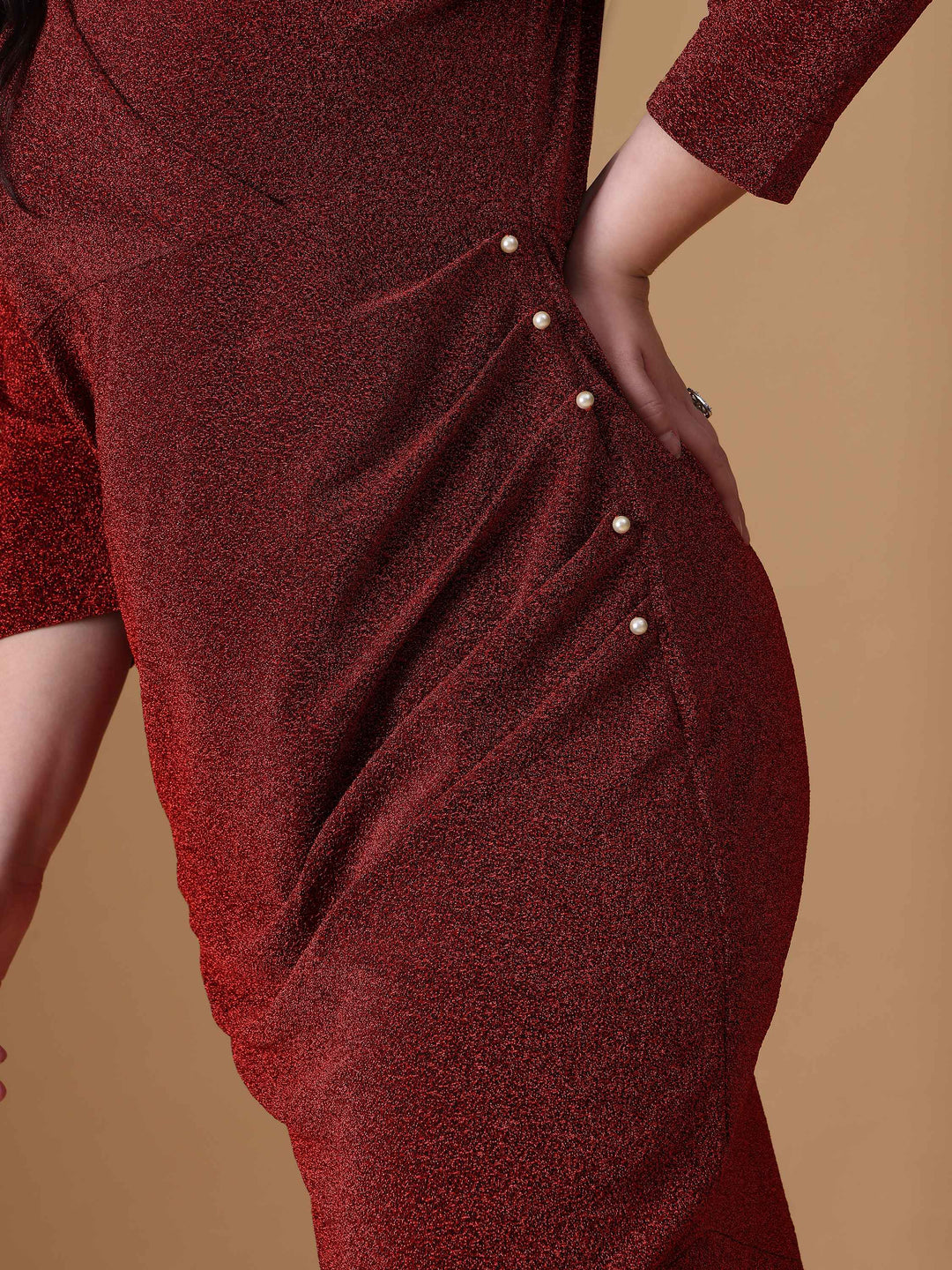 Red Asymmetric Knitted Dress Metalic Fabric Design