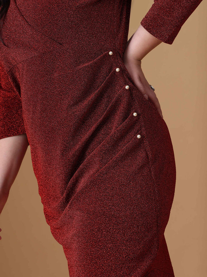 Red Asymmetric Knitted Dress Metalic Fabric Design