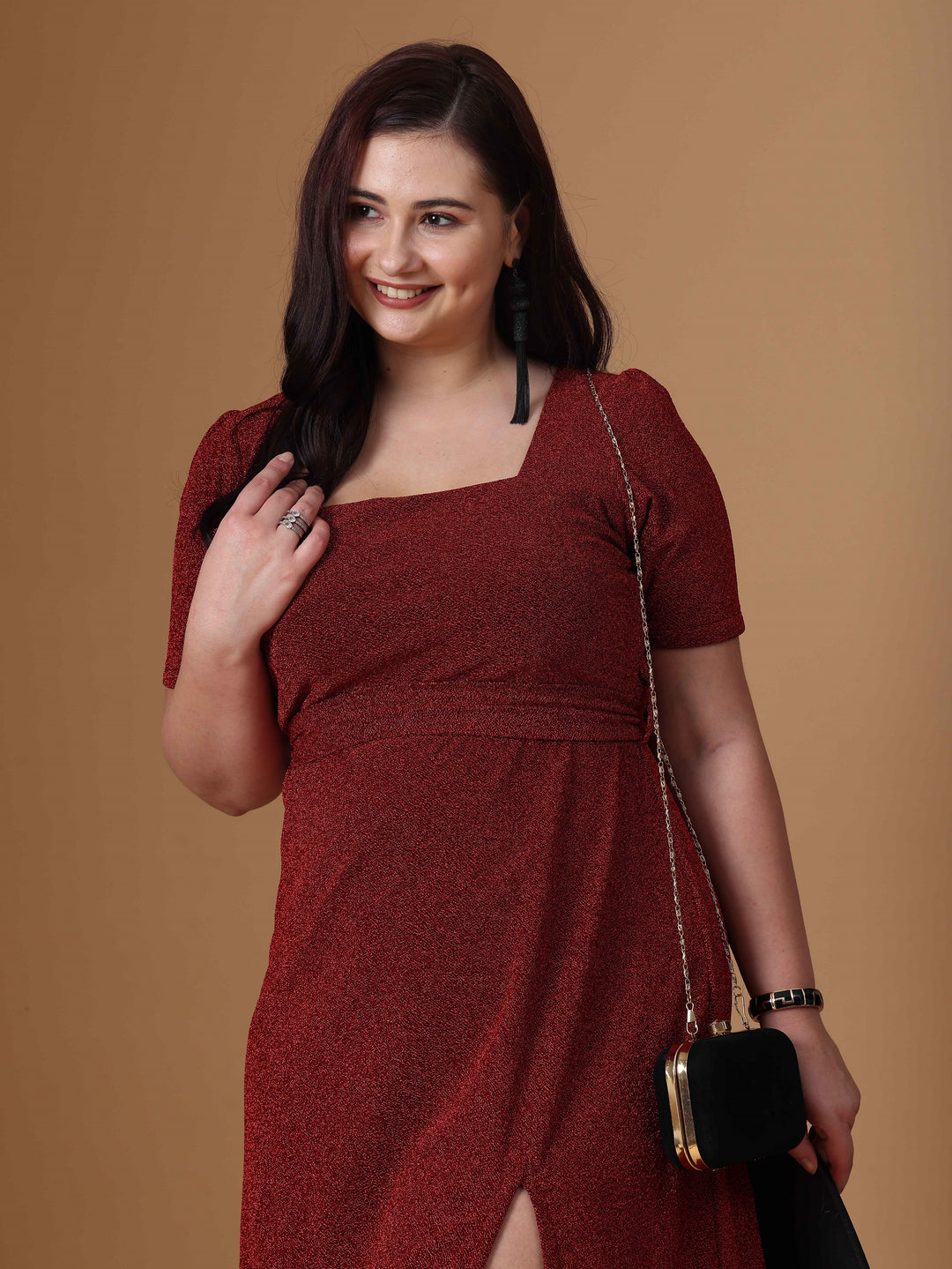 Red Court Neck Party Dress Close Up