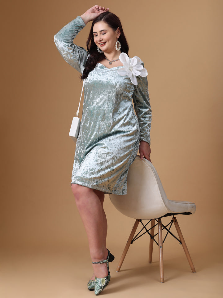 Sea Green Velvet Full Sleeve A Line Dress For Plus Size Party Wear Dress Design With Stylish Look