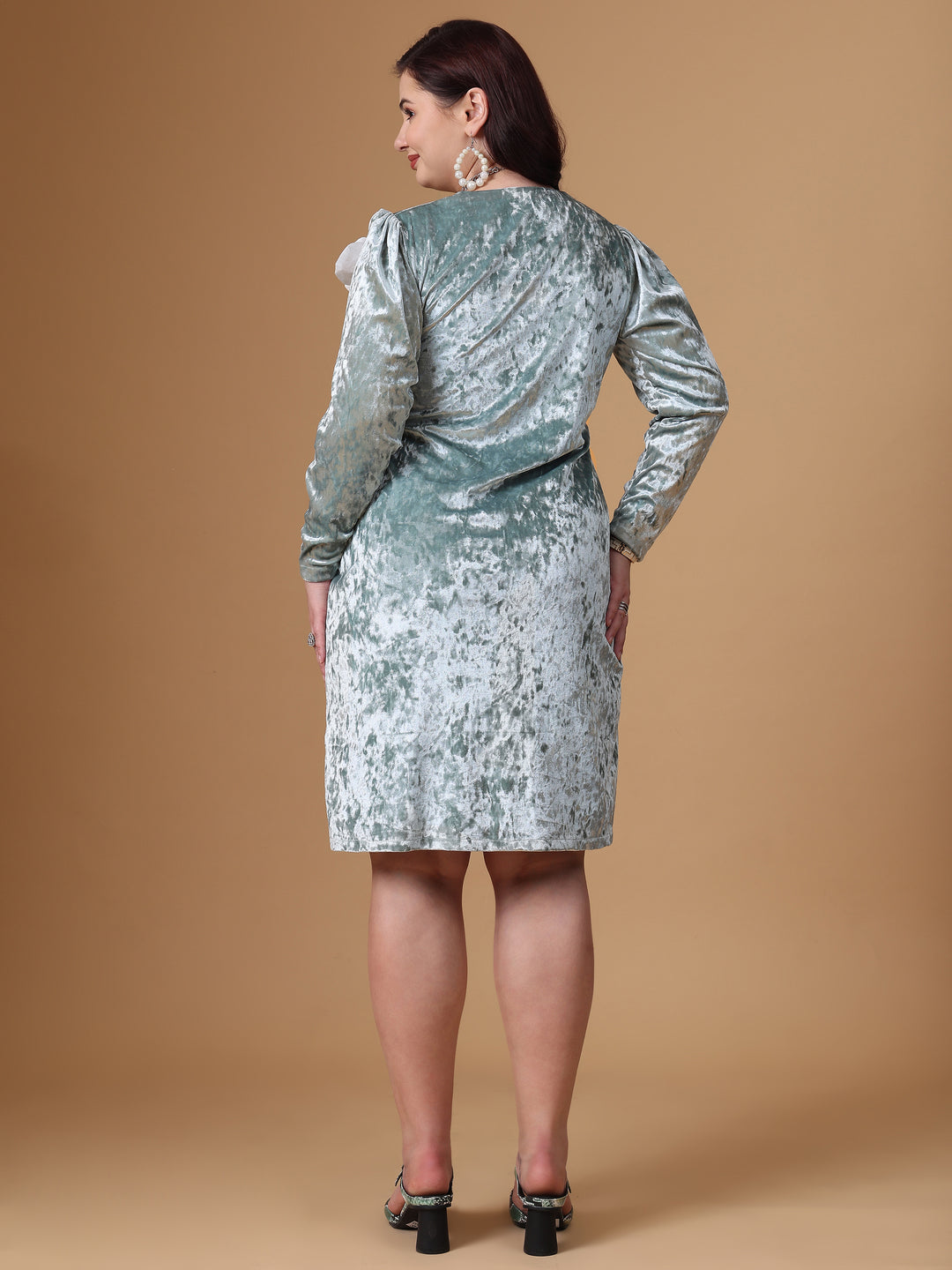 Sea Green Velvet Full Sleeve A Line Dress For Plus Size Women