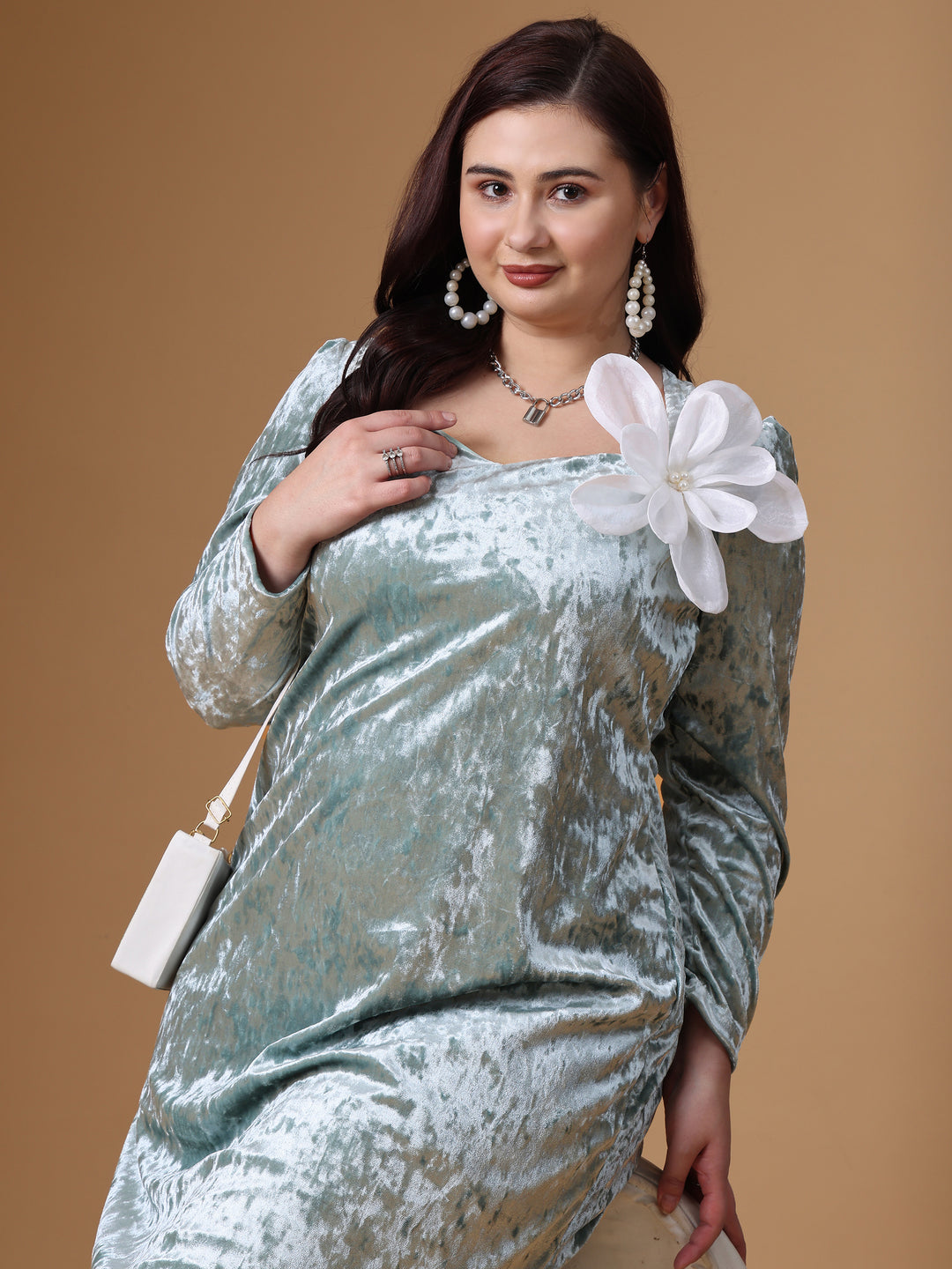 Sea Green Velvet Full Sleeve A Line Dress For Women