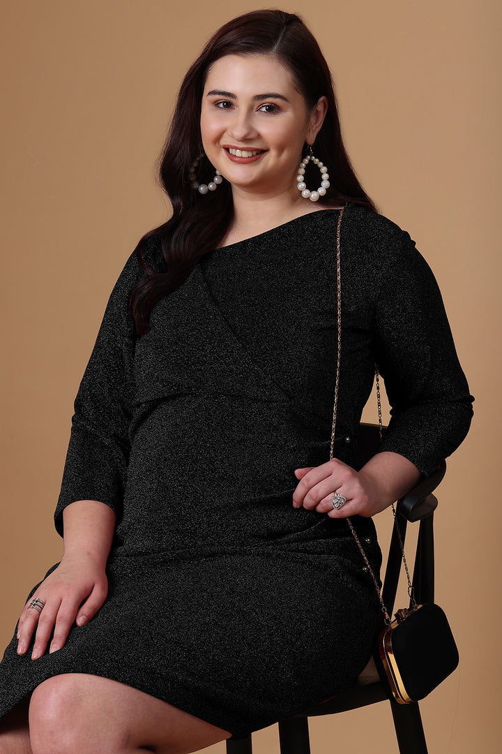 Stylish Black Asymmetric Knitted Dress For Plus Size Women