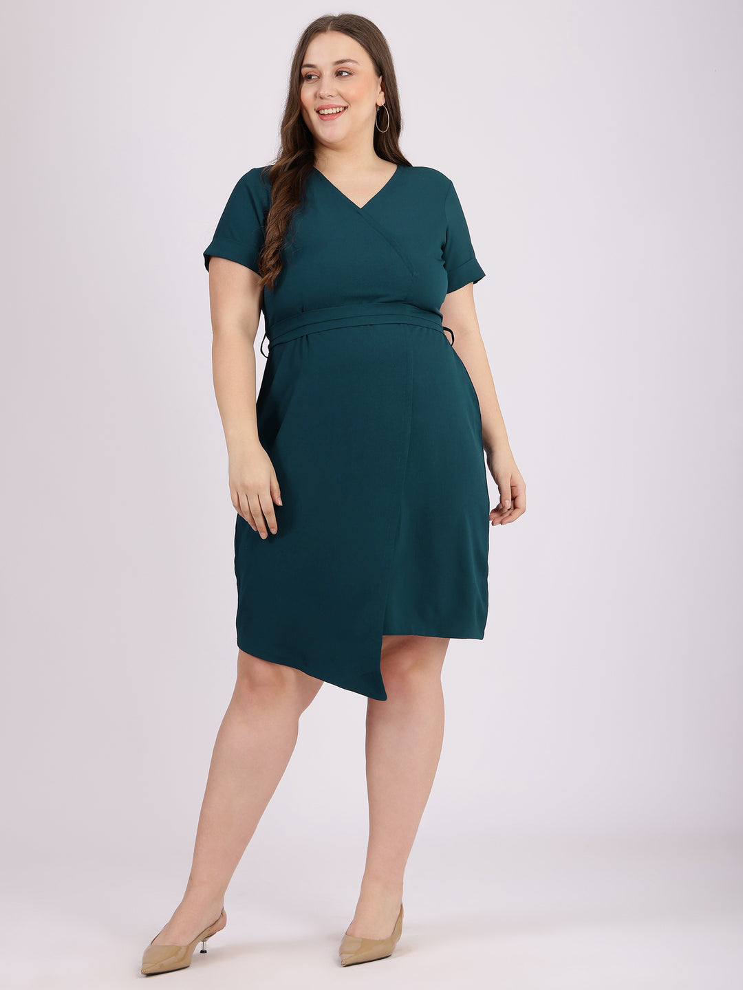 Teal Bodycon V-Neck Evening Wear Dress  Straight Cut Design