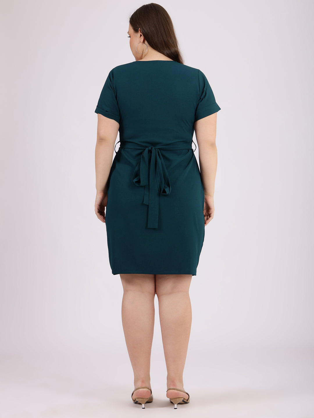 Teal Bodycon V-Neck Evening Wear Dress  With Tie up Belt Back Side