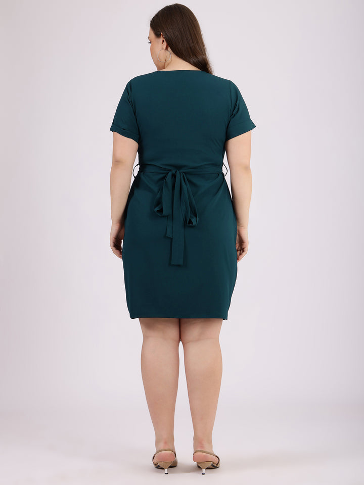 Teal Bodycon V-Neck Evening Wear Dress  With Tie up Belt Back Side