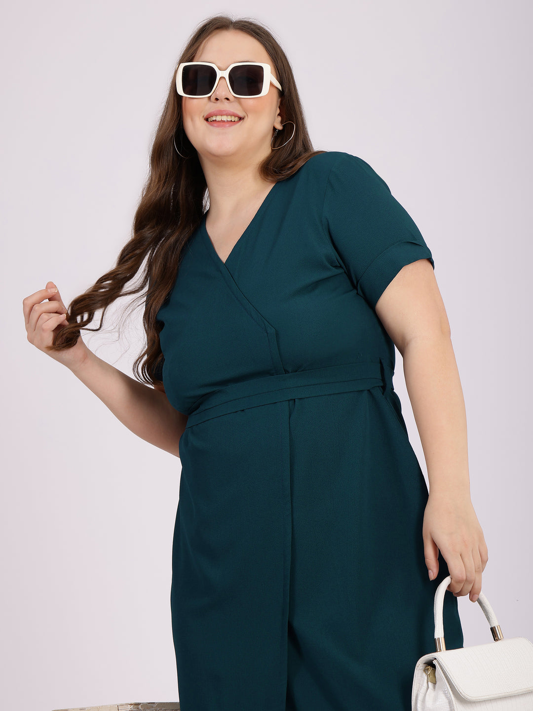 Teal Bodycon V-Neck Evening Wear Dress  With Waist Belt